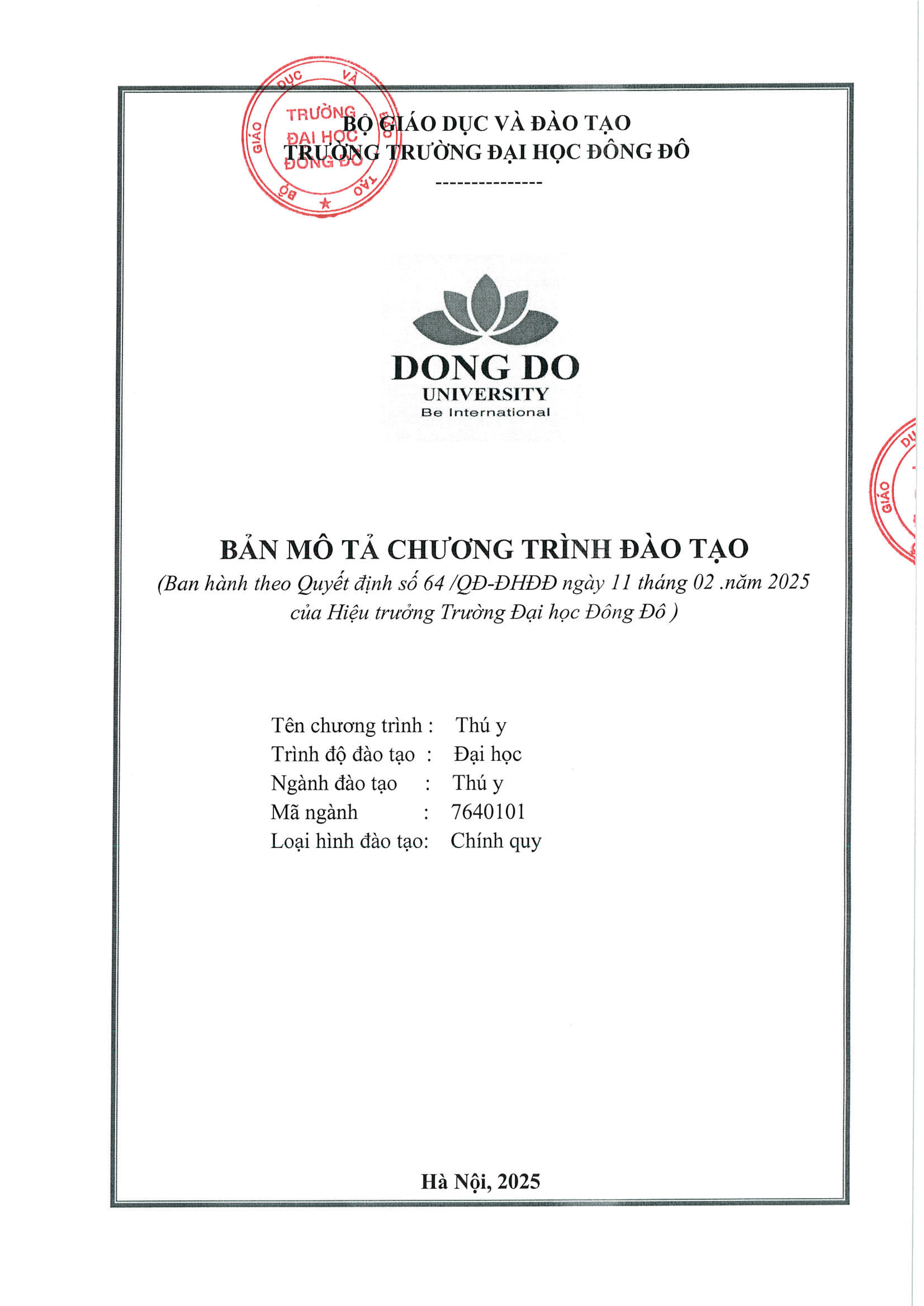 Bản mô tả chương trình đào tạo ngành Thú y